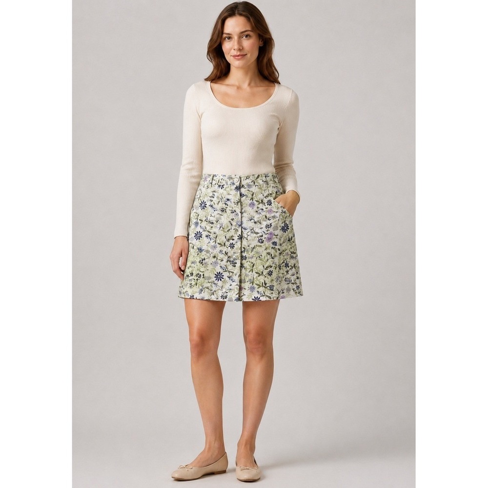 J. Jill Live-in-Chino Skirt Womens 4 Petite‎ Beige Floral Pockets Cotton